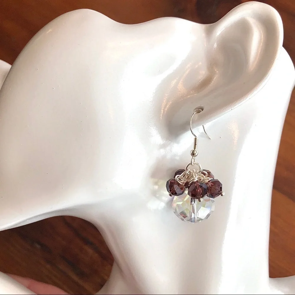 𝅺Sterling Silver Earrings Bead Fired Garnet & Austrian Crystal - Picture 10 of 12